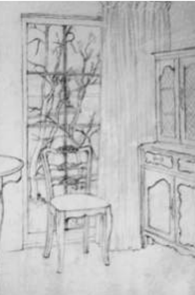 Drawing showing interior of Cottage Number 8 with chair in front of window